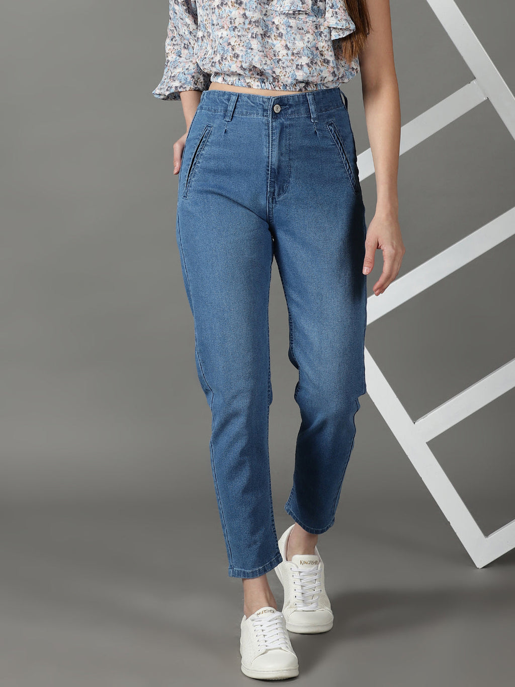 Women's Blue High-Rise Light Fade Acid Wash Stretchable Cotton Jeans