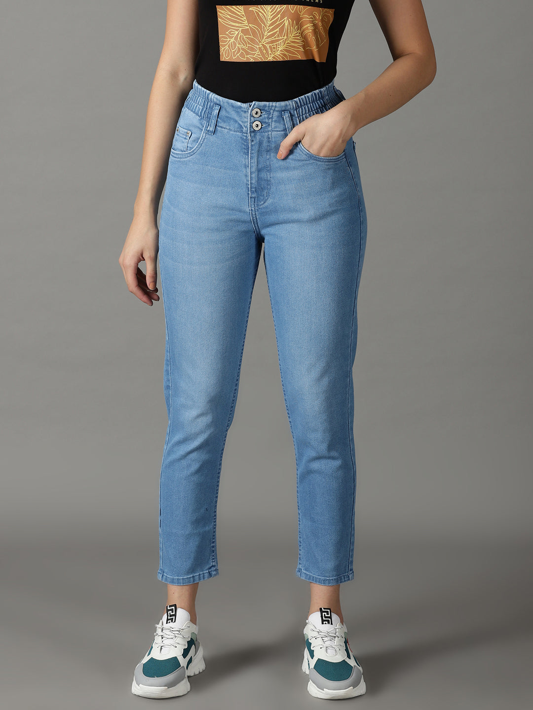 Women's Blue Boyfriend Fit High-Rise Light Fade Stretchable Jeans