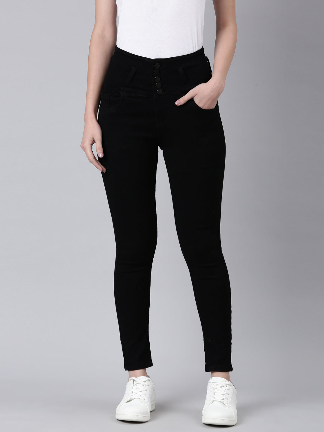 Women's Black Slim Fit Mid-Rise Acid Wash Denim Jeans