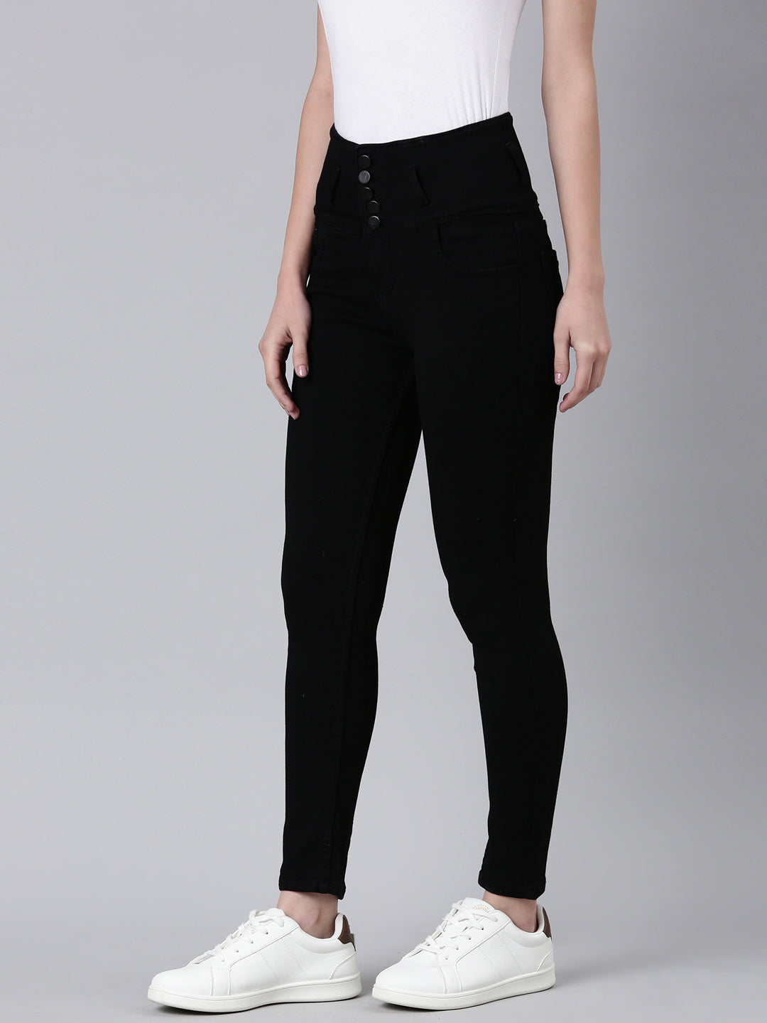 Women's Black Slim Fit Mid-Rise Acid Wash Denim Jeans