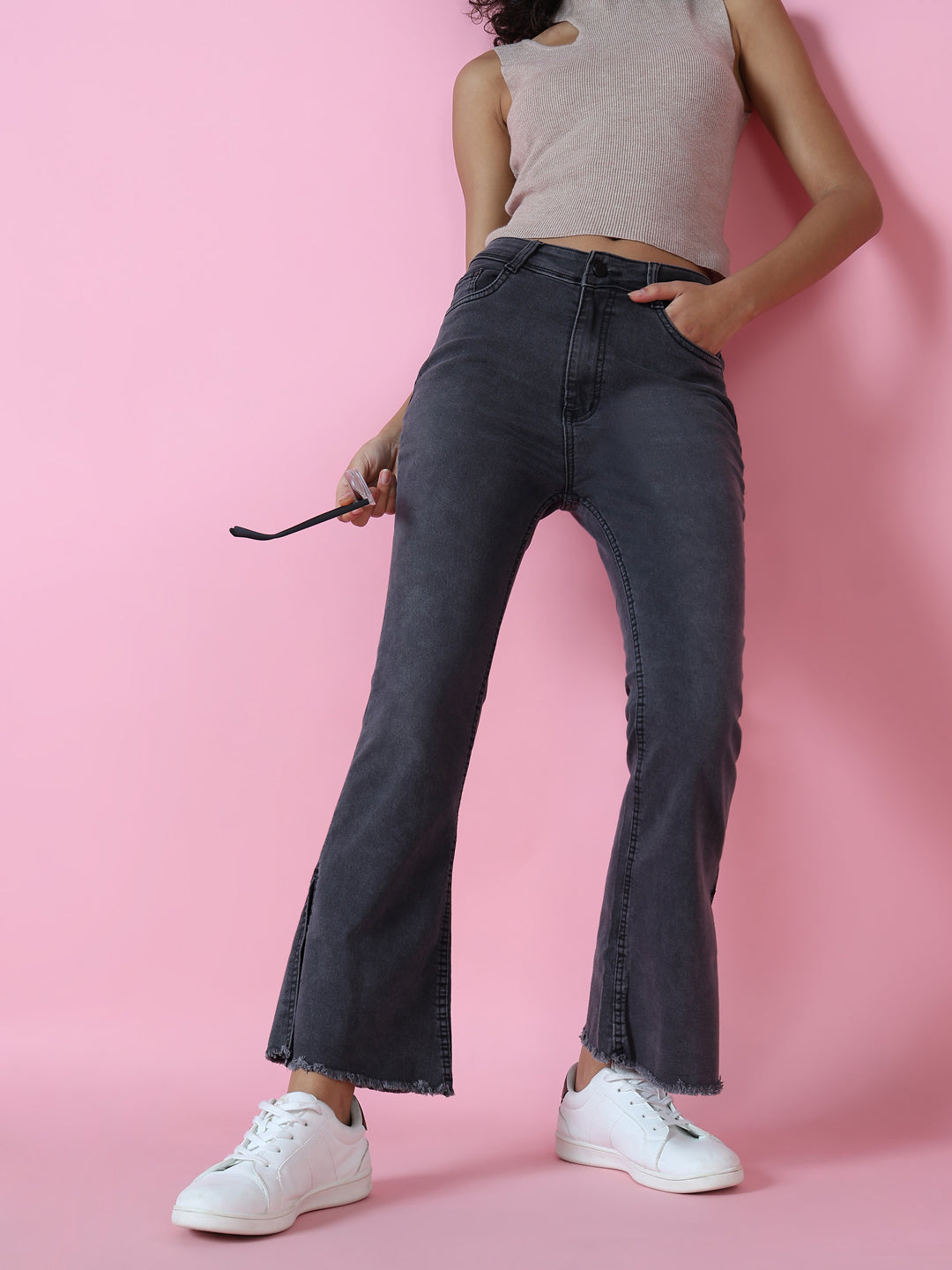 Women's Grey Flared Fit Acid Wash Crinkle Denim Jeans