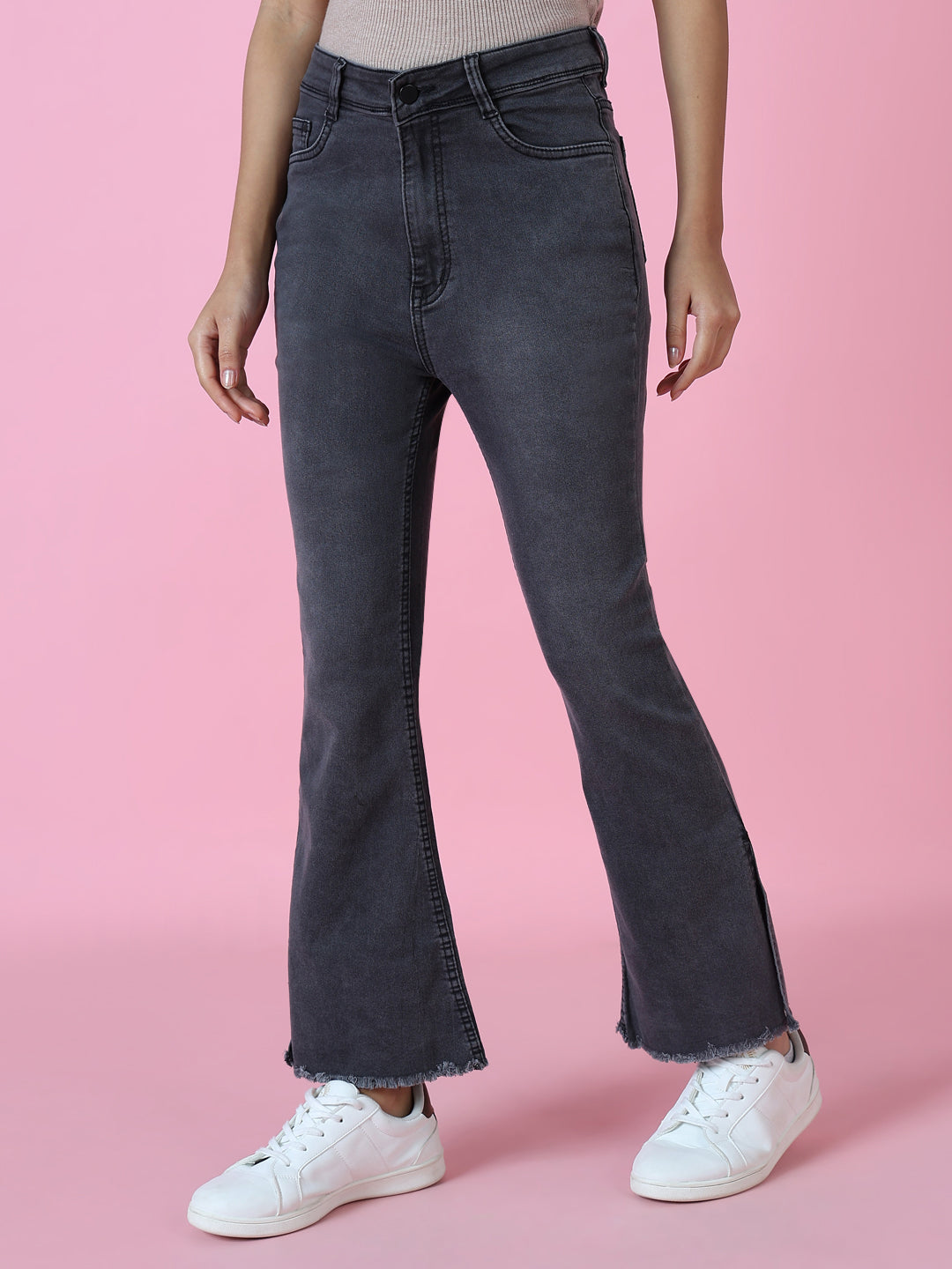 Women's Grey Flared Fit Acid Wash Crinkle Denim Jeans