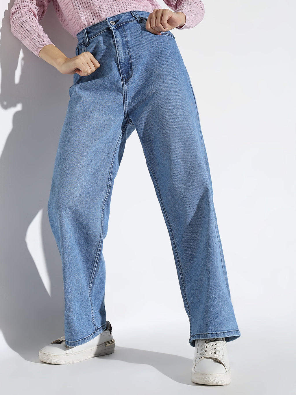 Women's Blue Comfort Straight Fit Light Fade Acid Wash Stretchable Jeans