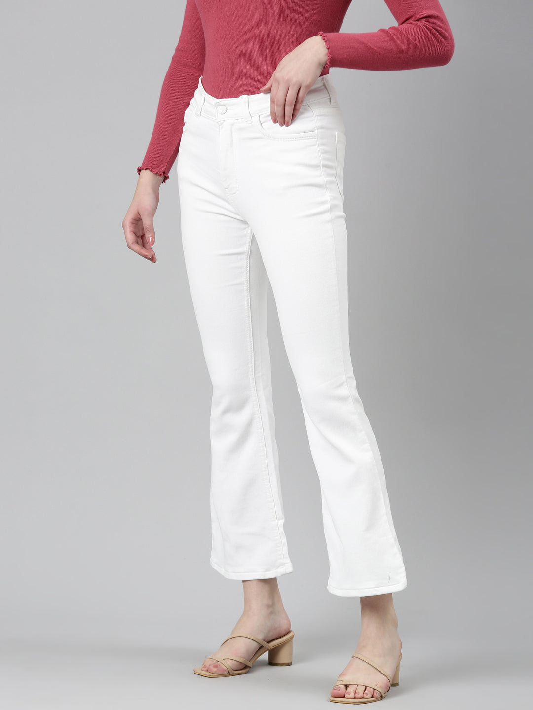 Women's White Jean Bootcut Acid Wash Retro Denims Stretchable Clean Look Jeans