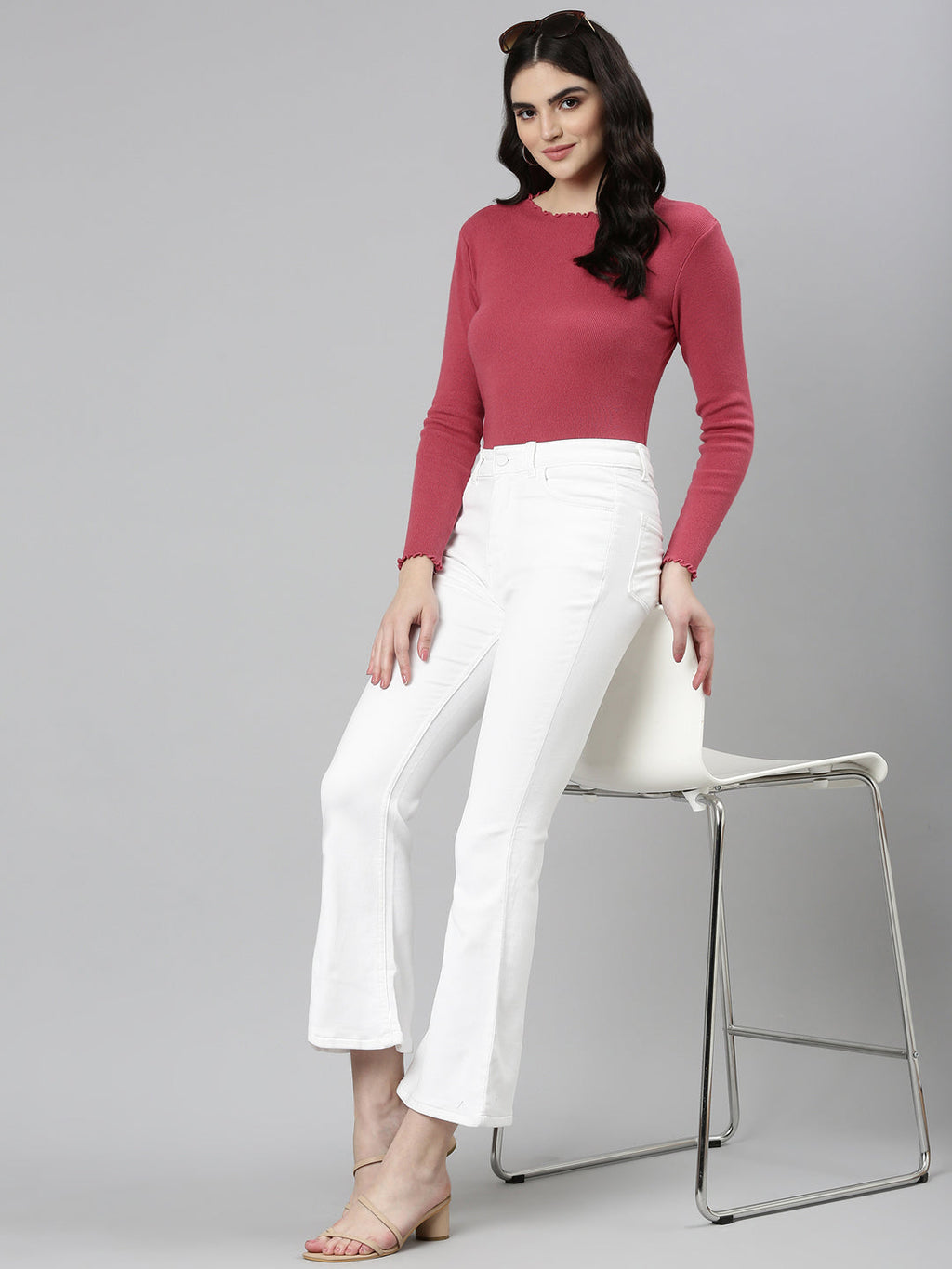 Women's White Jean Bootcut Acid Wash Retro Denims Stretchable Clean Look Jeans