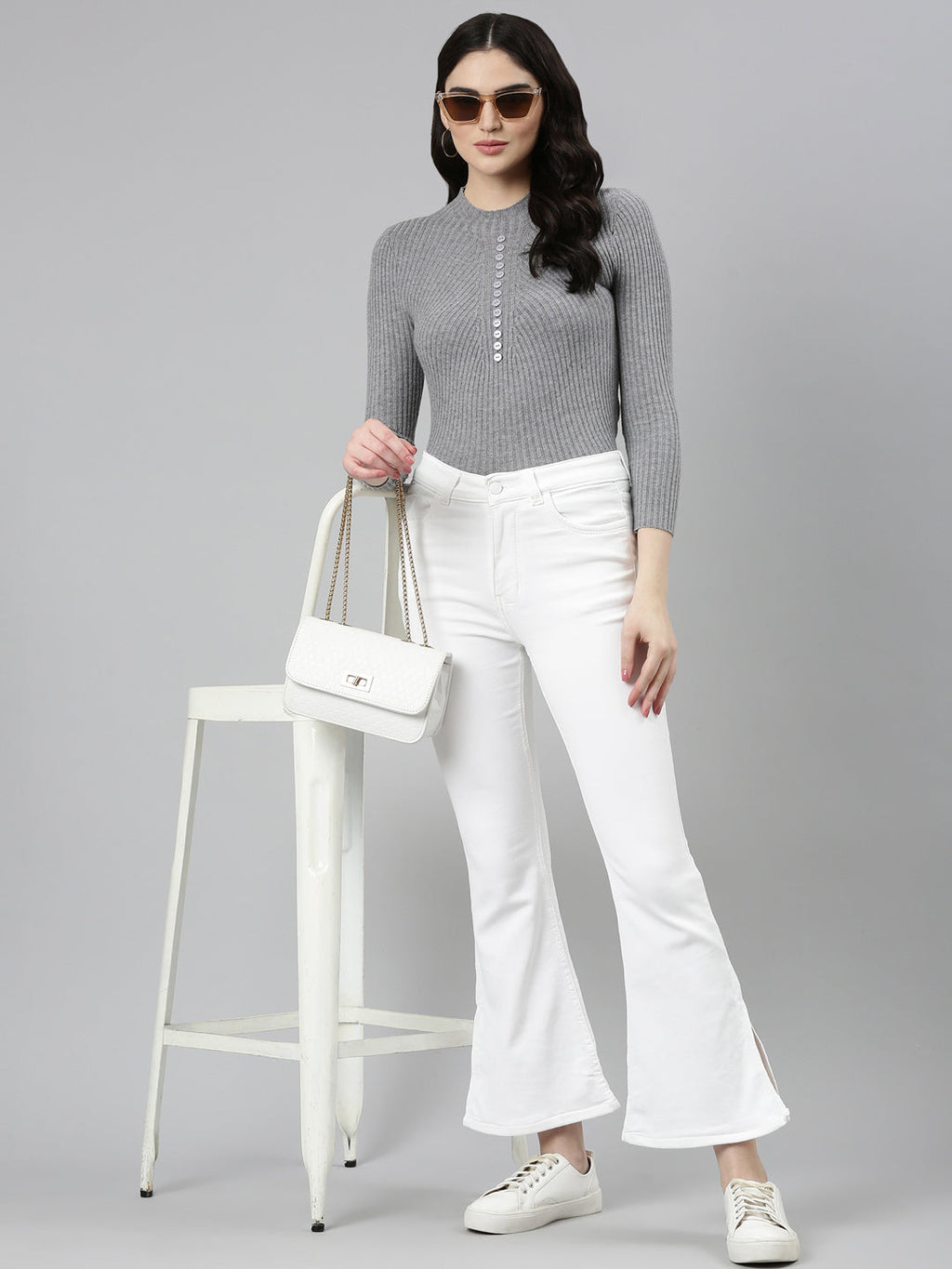 Women's White High-Rise Bootcut Denim Slit Jeans