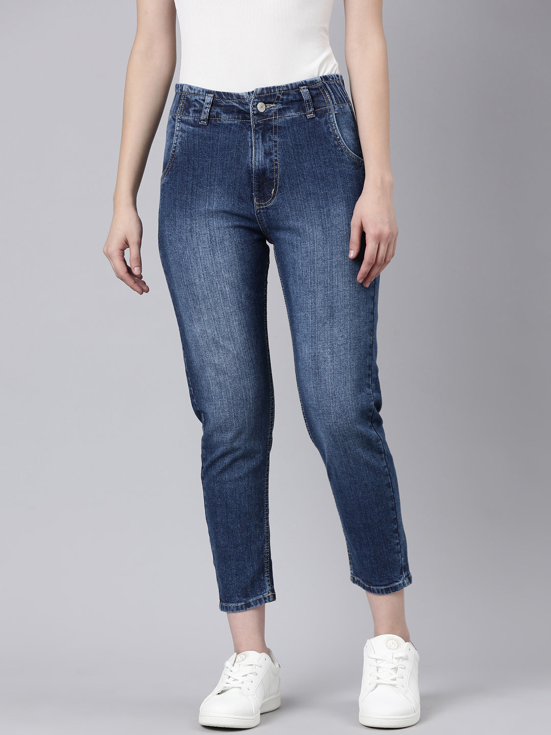 Women's Navy Blue Light Fade Stretchable Mom Fit Denim Jeans