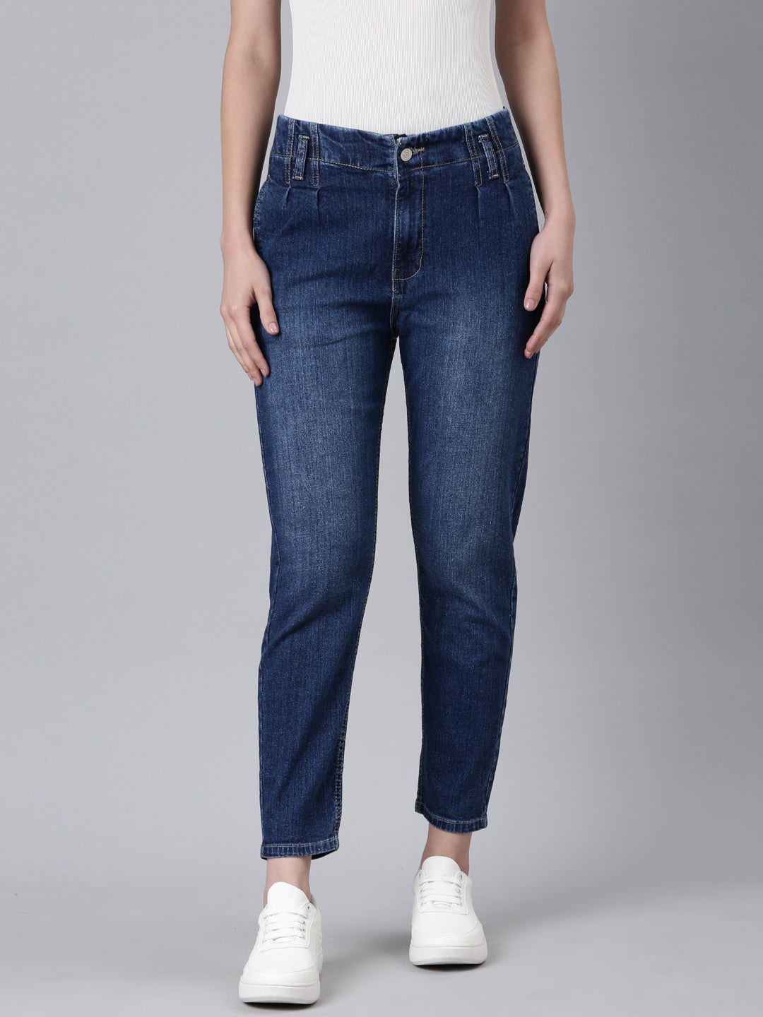 Women's Navy Blue Mom Fit Light Fade Denim Jeans