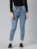 Women's Blue High-Rise Mom Fit Light Fade Medium Shade Denim Jeans