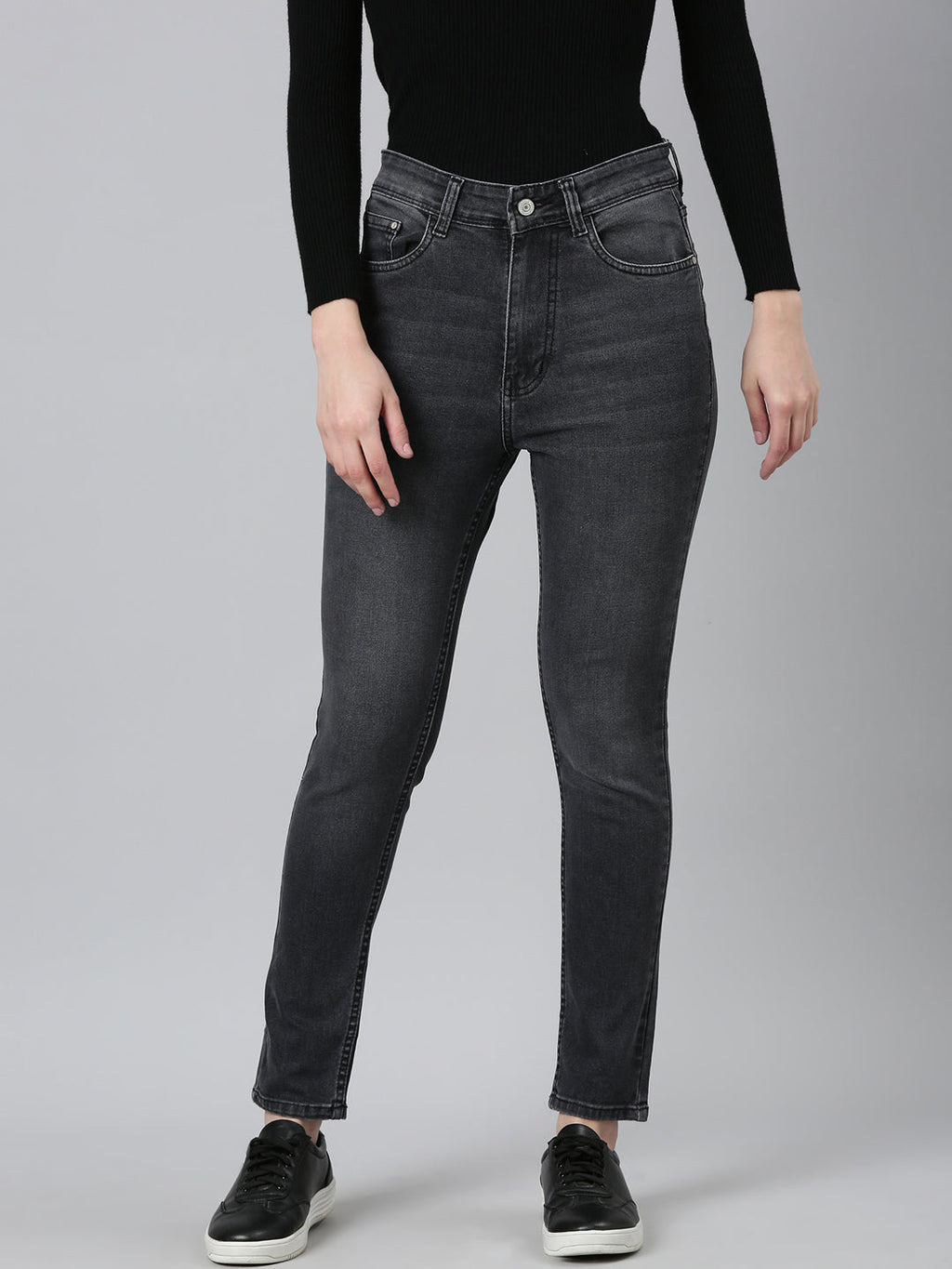 Women's Grey Jean Straight Fit Light Fade Acid Wash Stretchable Jeans