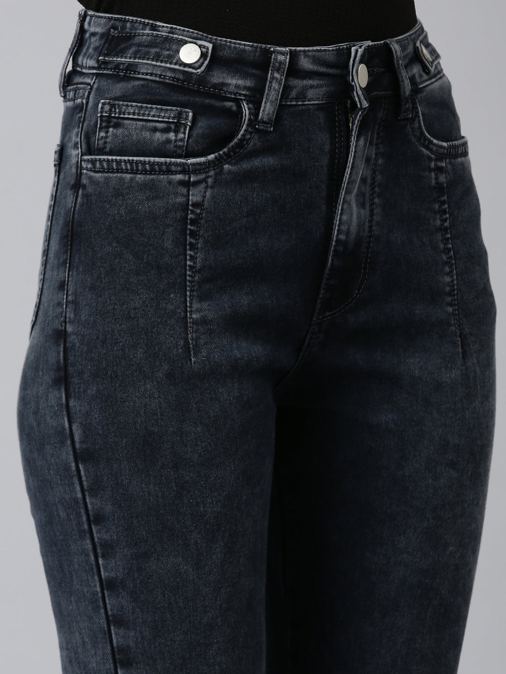 Women's Grey Jean Slim Fit Acid Wash High-Rise Denim Jeans