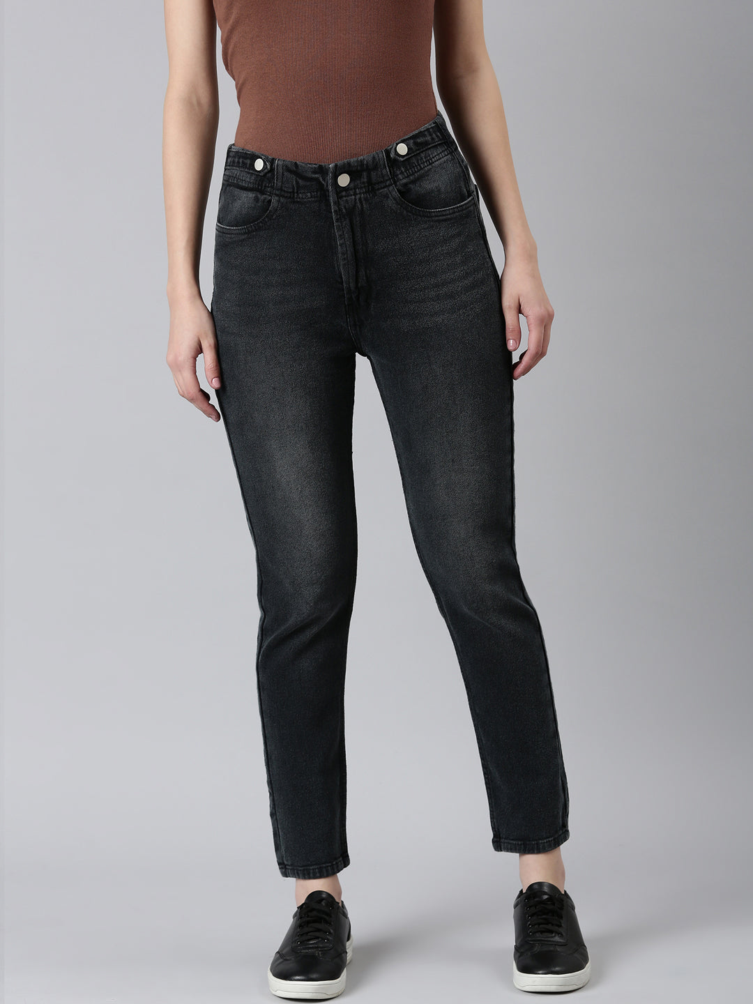 Women's Dark Grey Jean Light Fade High-Rise Cropped Denim Jeans