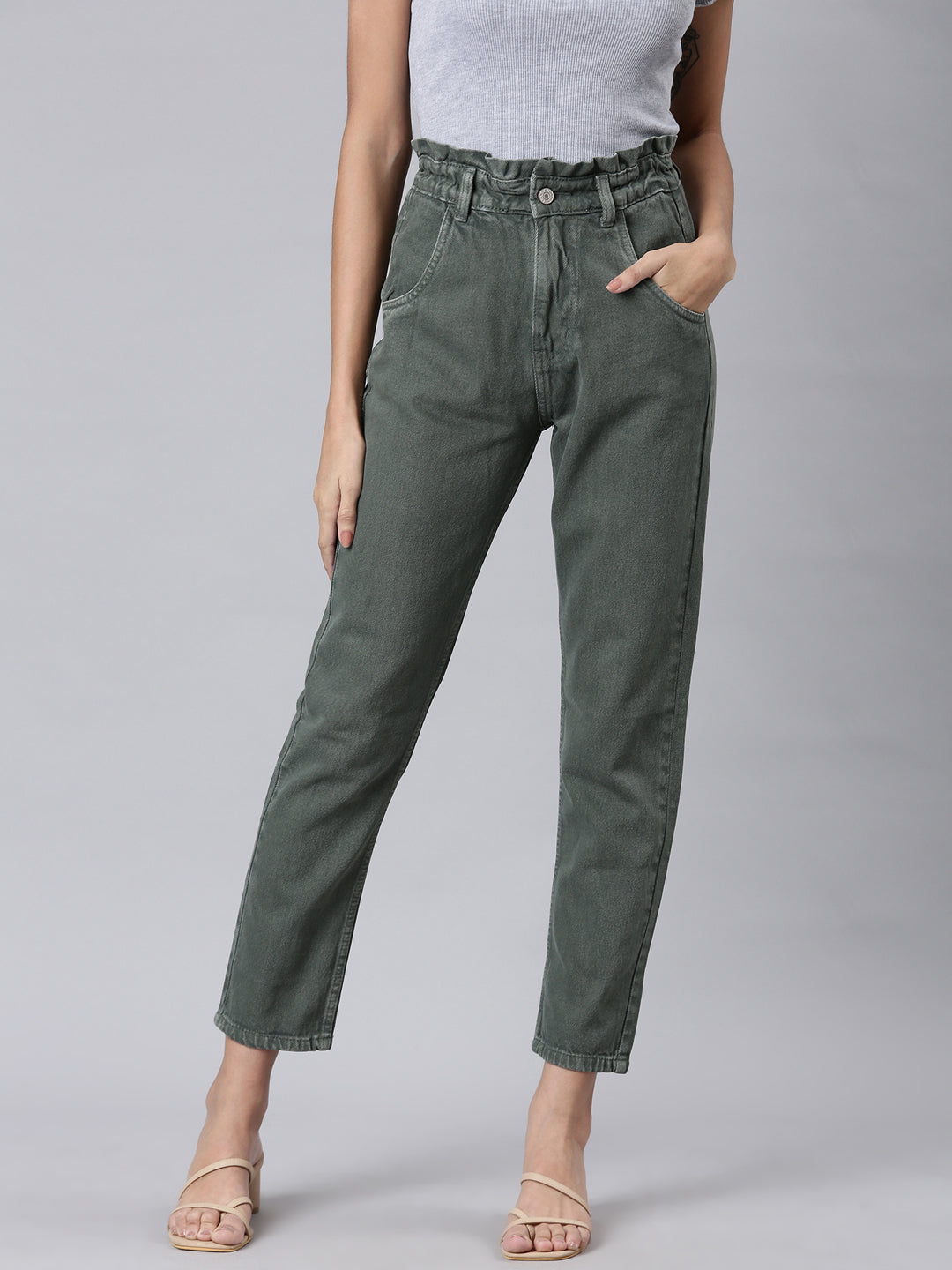 Women's Olive Jean High Rise Acid Wash Denim Jeans