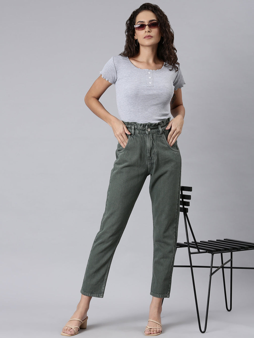 Women's Olive Jean High Rise Acid Wash Denim Jeans