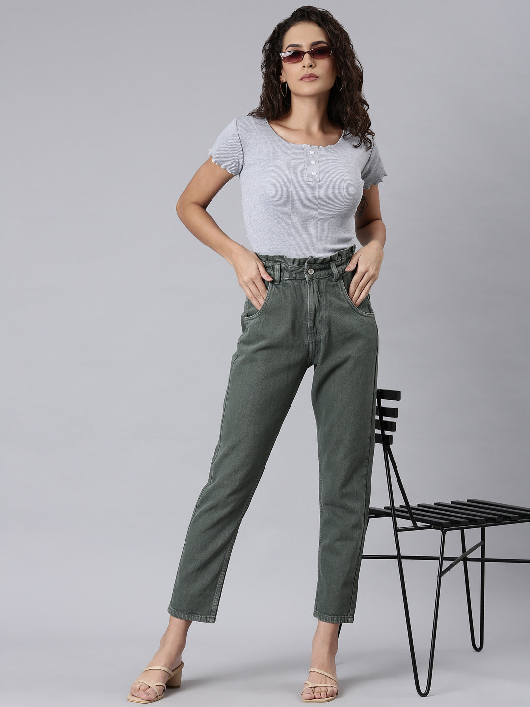 Women's Olive Jean High Rise Acid Wash Denim Jeans