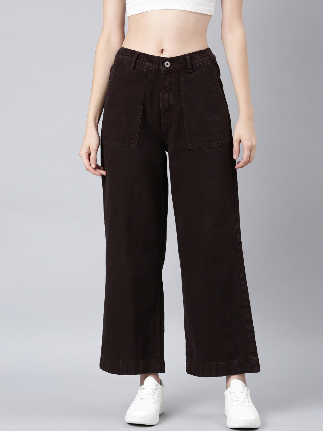 Women's Brown Wide Leg Mid-Rise Acid Wash Denim Jeans