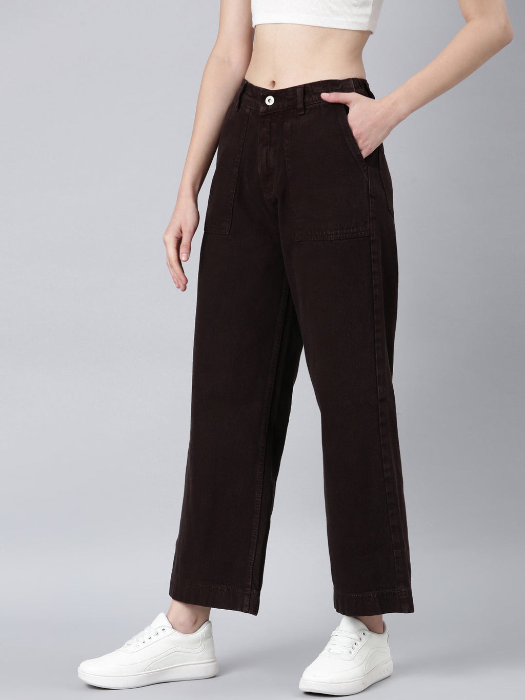 Women's Brown Wide Leg Mid-Rise Acid Wash Denim Jeans