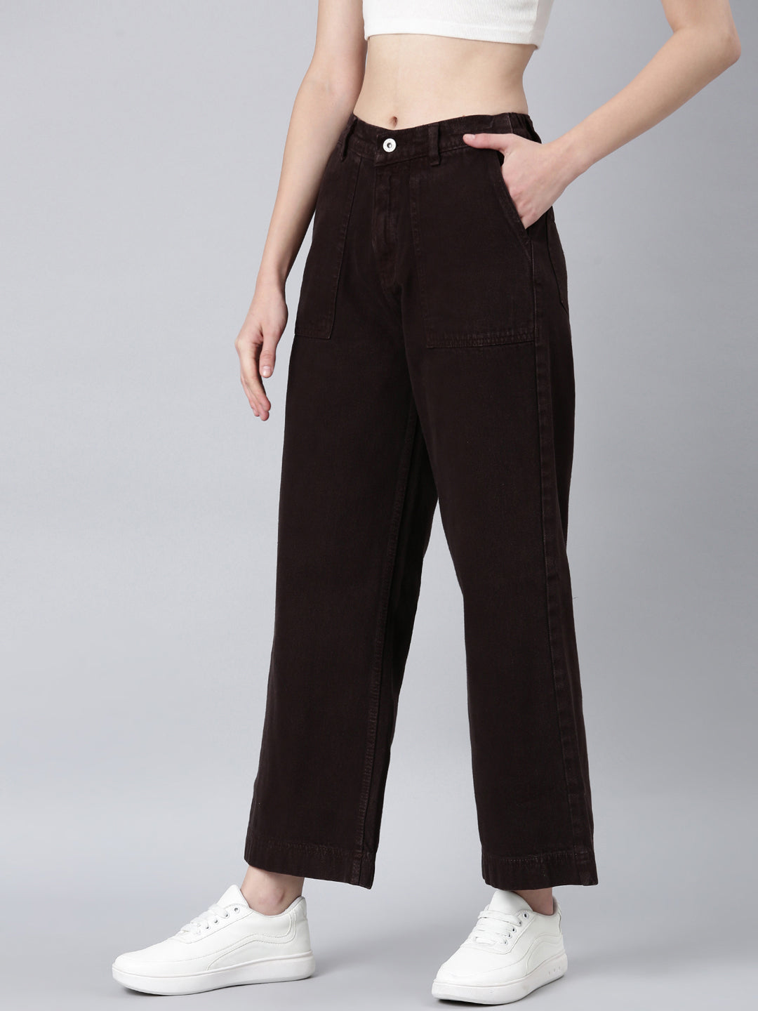 Women's Brown Wide Leg Mid-Rise Acid Wash Denim Jeans