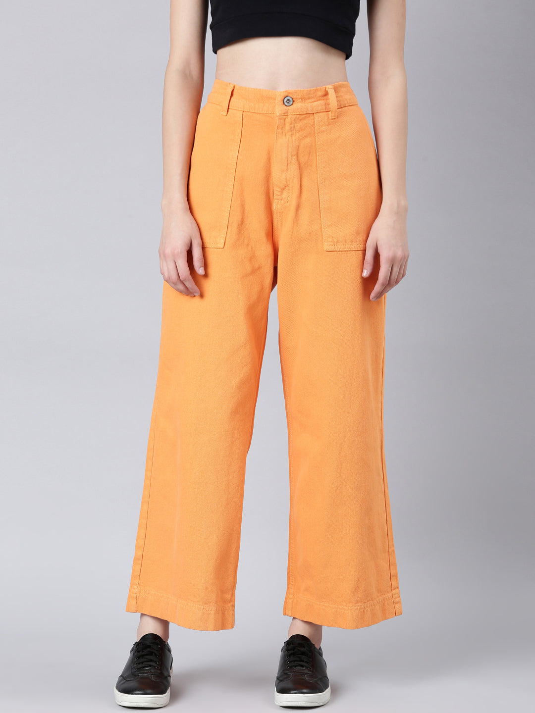 Women's Orange Wide Leg Fit Acid Wash Stretchable Denim Jeans