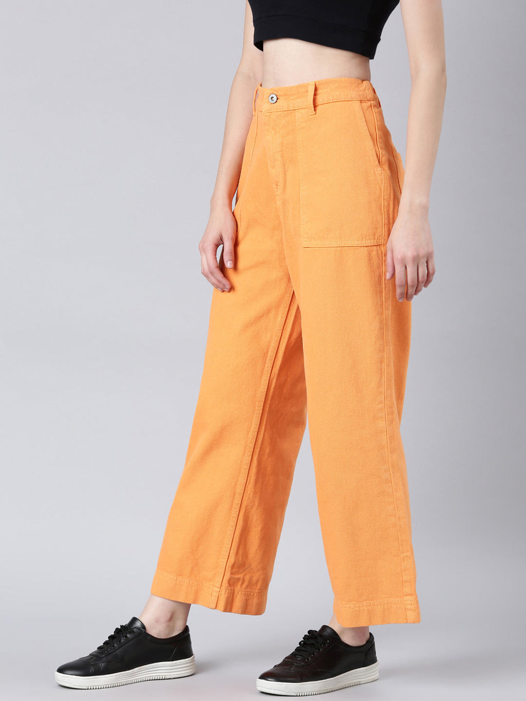 Women's Orange Wide Leg Fit Acid Wash Stretchable Denim Jeans