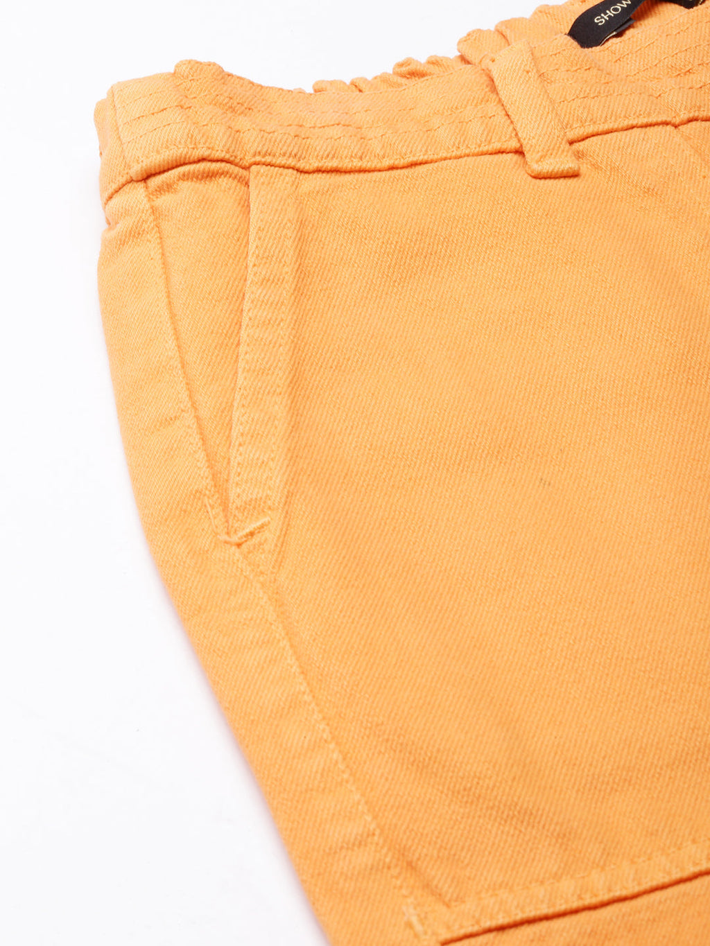 Women's Orange Wide Leg Fit Acid Wash Stretchable Denim Jeans