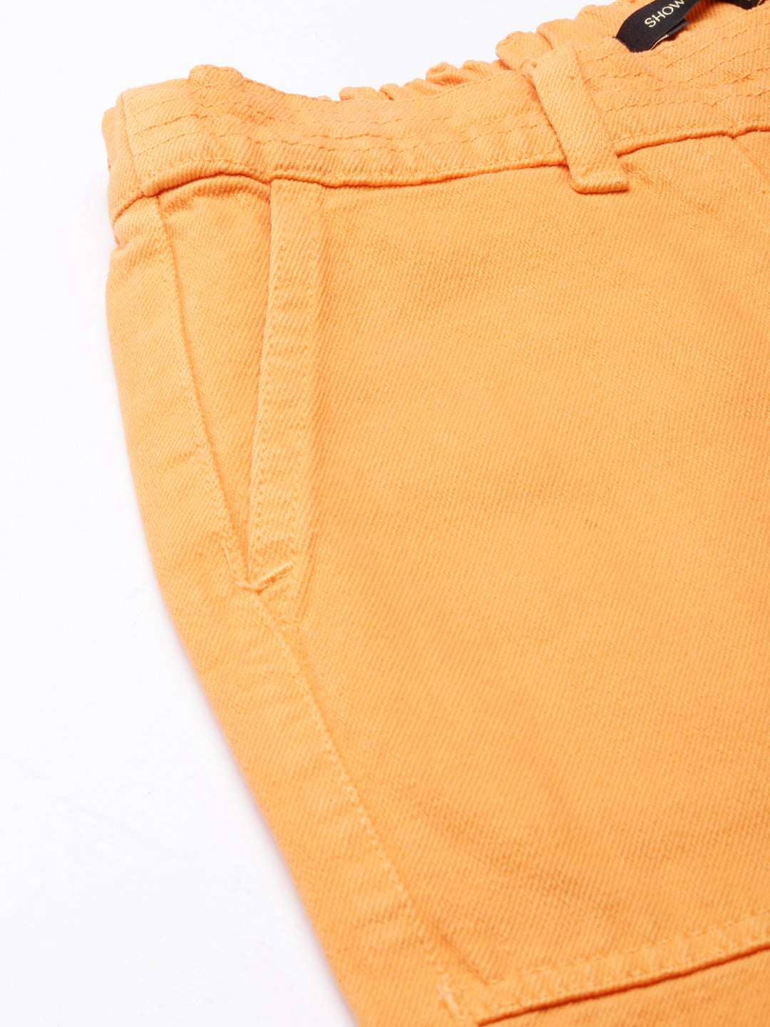 Women's Orange Wide Leg Fit Acid Wash Stretchable Denim Jeans
