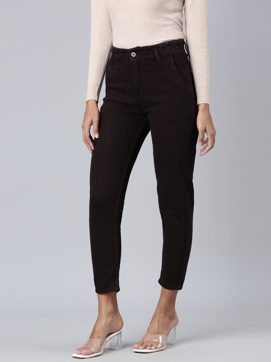 Women's Brown Mom Fit Stretchable Denim Jeans