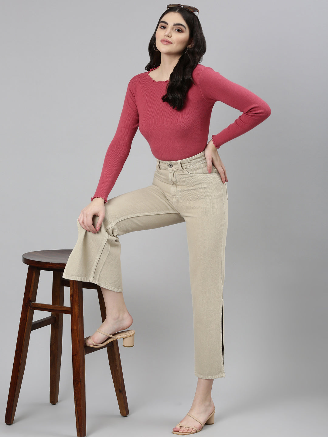 Women's Beige High Rise Denim Jeans