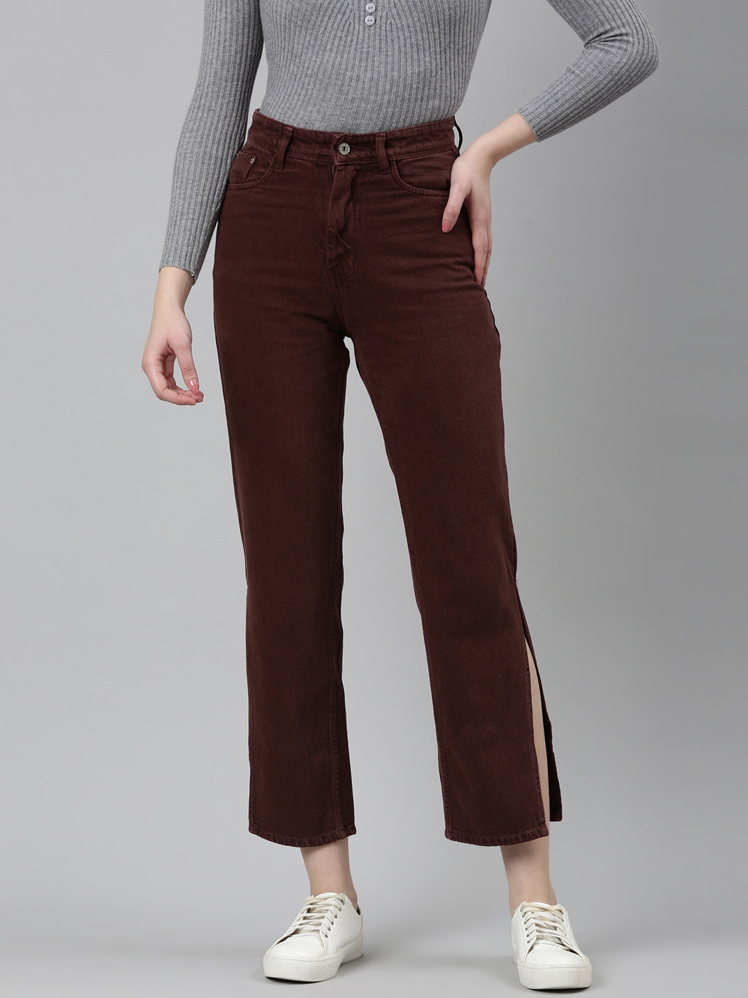 Women's Red Acid Wash High-Rise Denim Slit Jeans