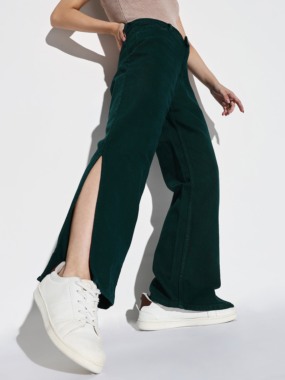 Women's Green Comfort Wide Leg Acid Wash Stretchable Jeans