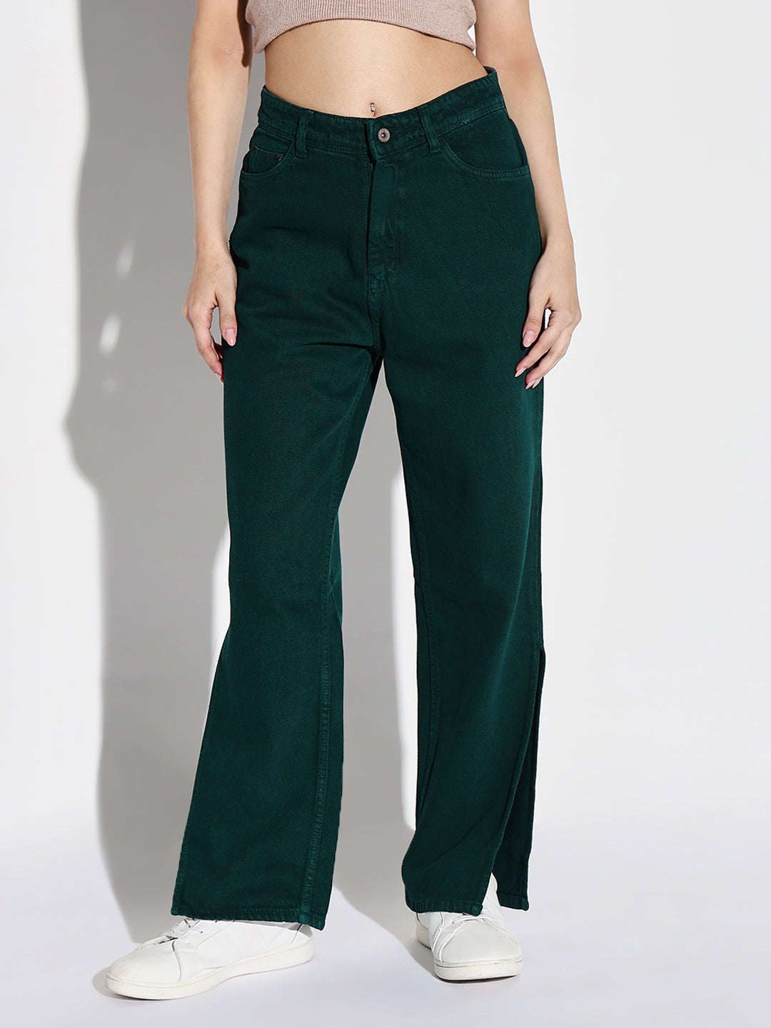 Women's Green Comfort Wide Leg Acid Wash Stretchable Jeans