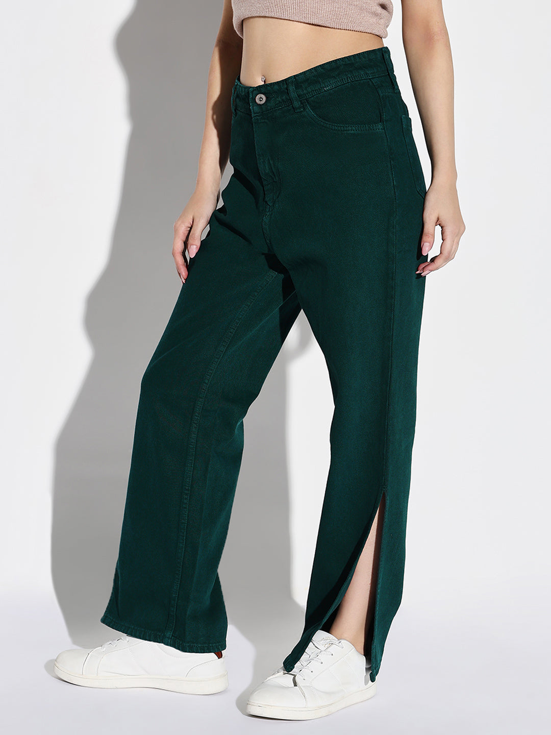 Women's Green Comfort Wide Leg Acid Wash Stretchable Jeans