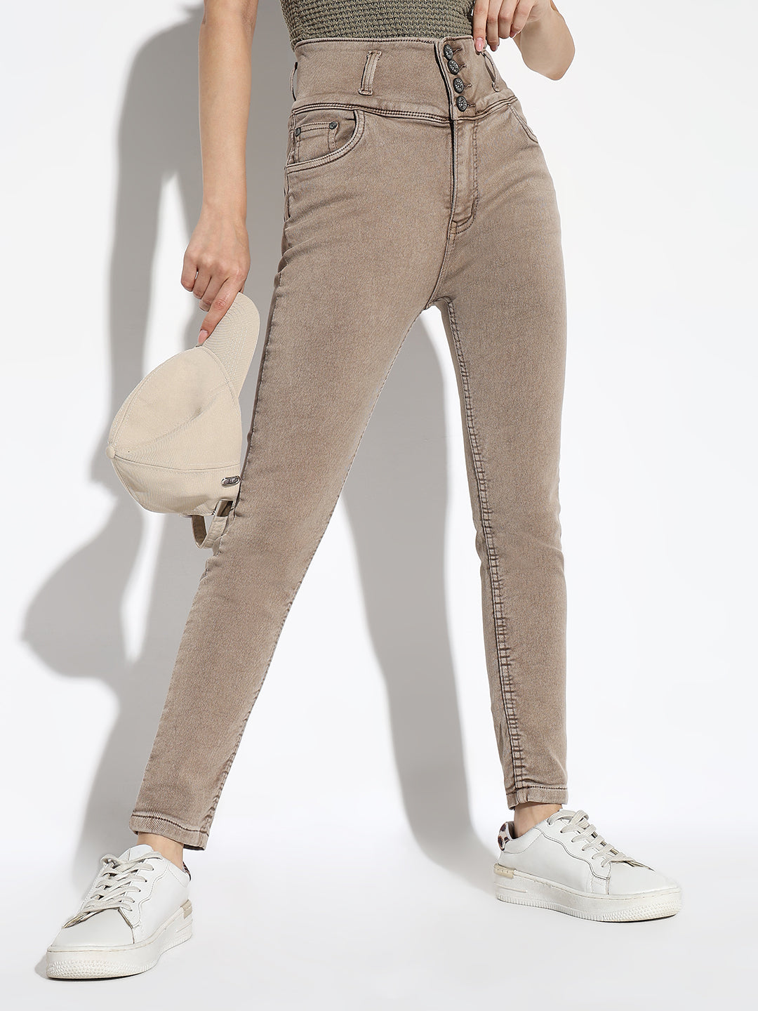 Women's Beige Comfort Slim Fit Light Fade Acid Wash Stretchable Jeans