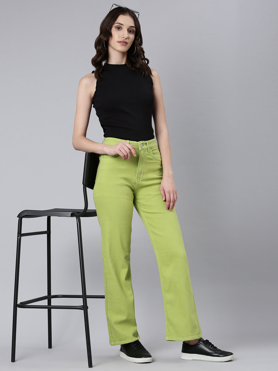 Women's Lime Green Straight Fit Clean Look Acid Wash Denim Jeans
