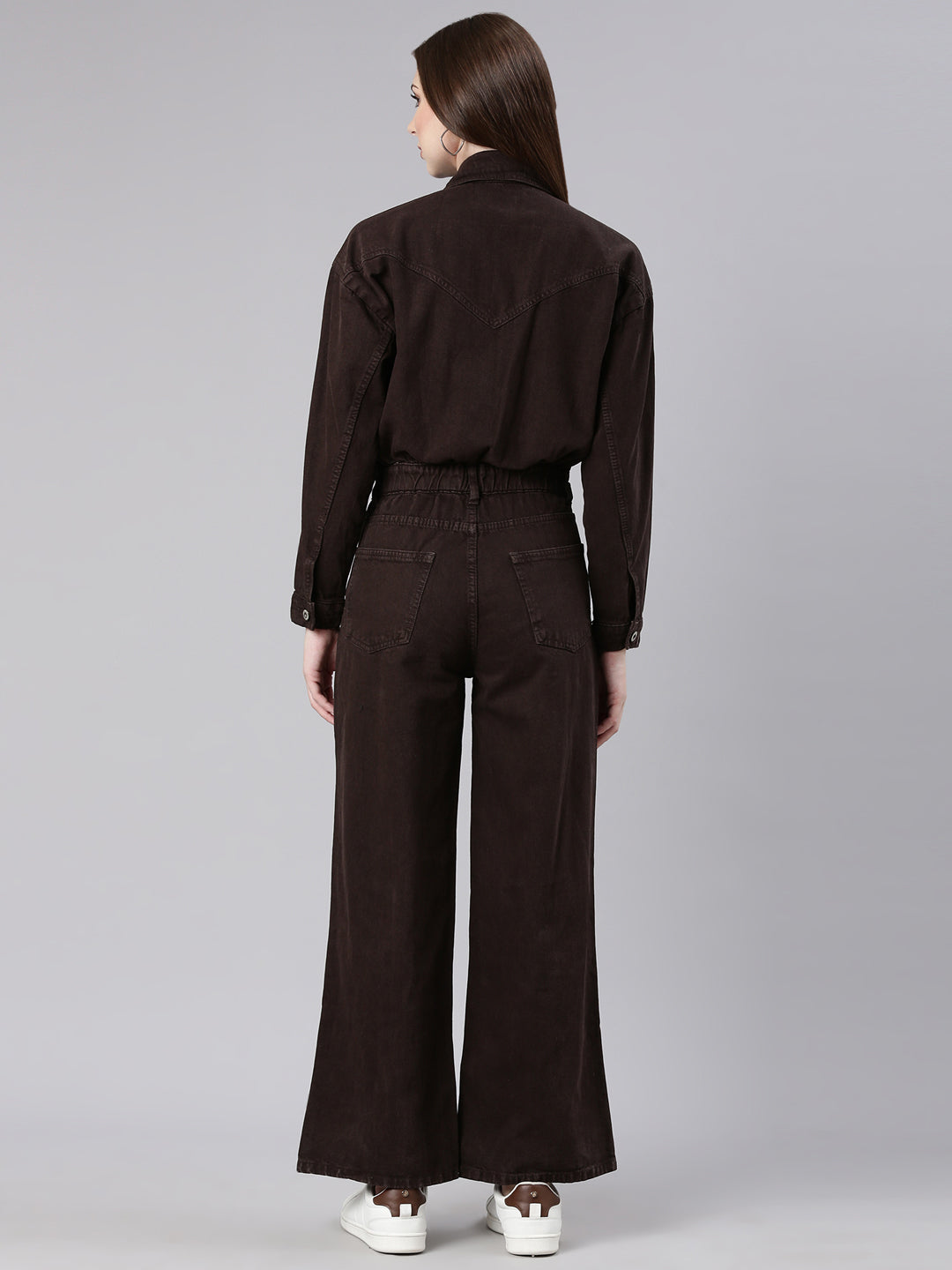 Women's Coffee Brown Shirt Collar Cotton Basic Jumpsuit
