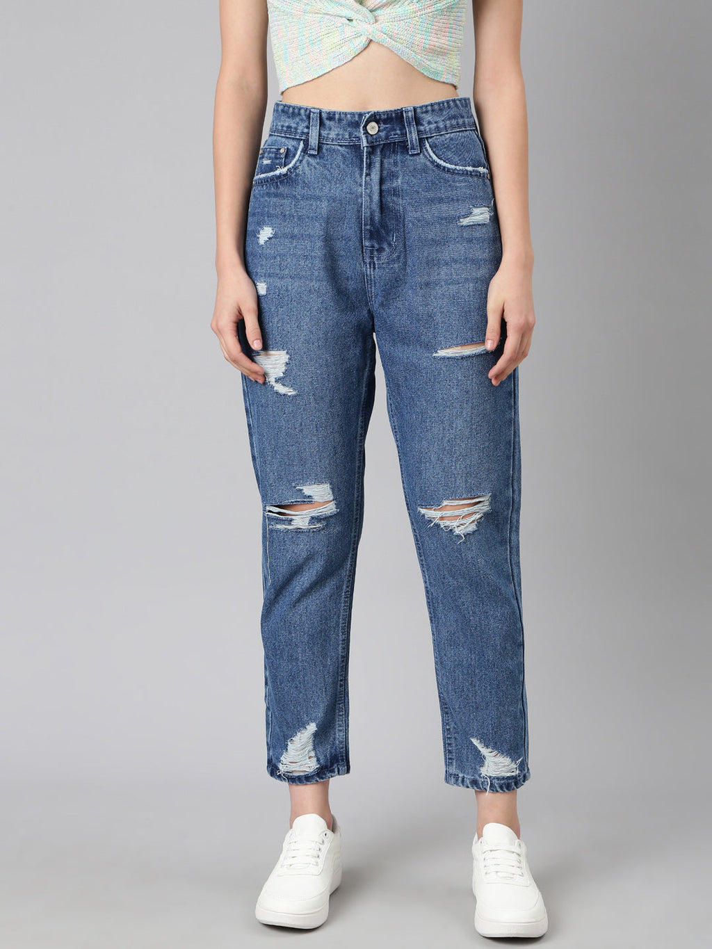 Women's Blue Solid Mom Fit Denim Jeans