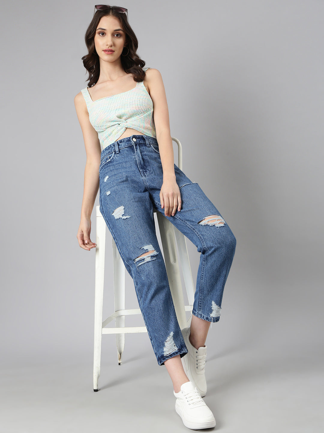 Women's Blue Solid Mom Fit Denim Jeans