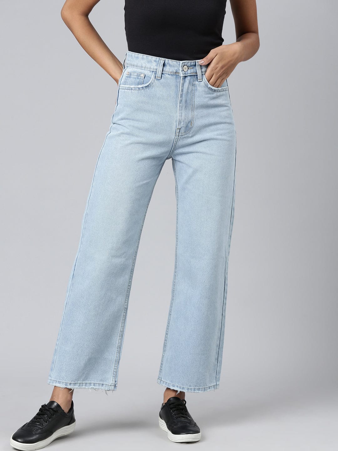 Women's Blue Mid Rise Wide Leg Clean Look Retro Denims Stretchable Jeans