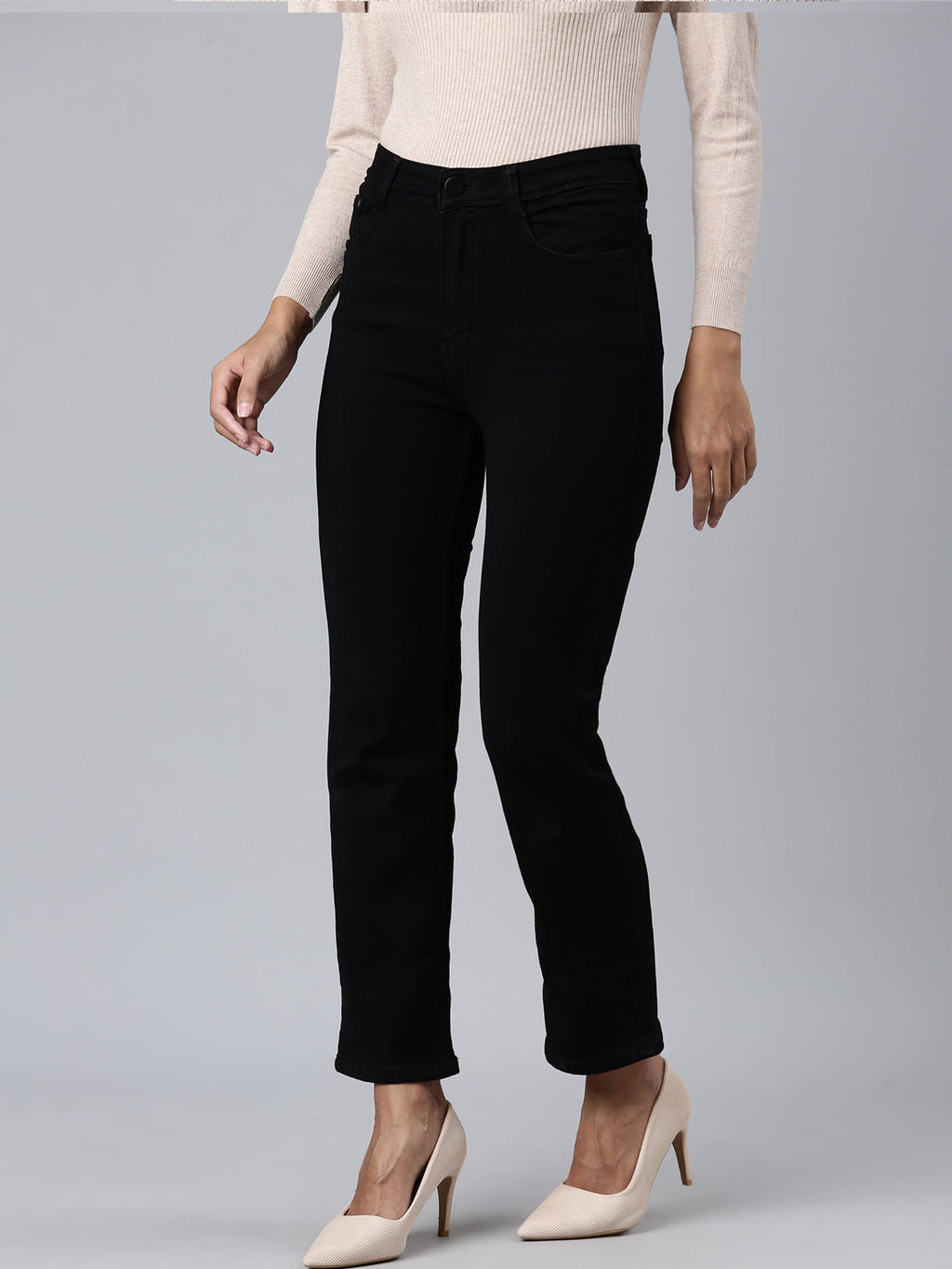 Women's Black Straight Fit Acid Wash Stretchable Denim Jeans