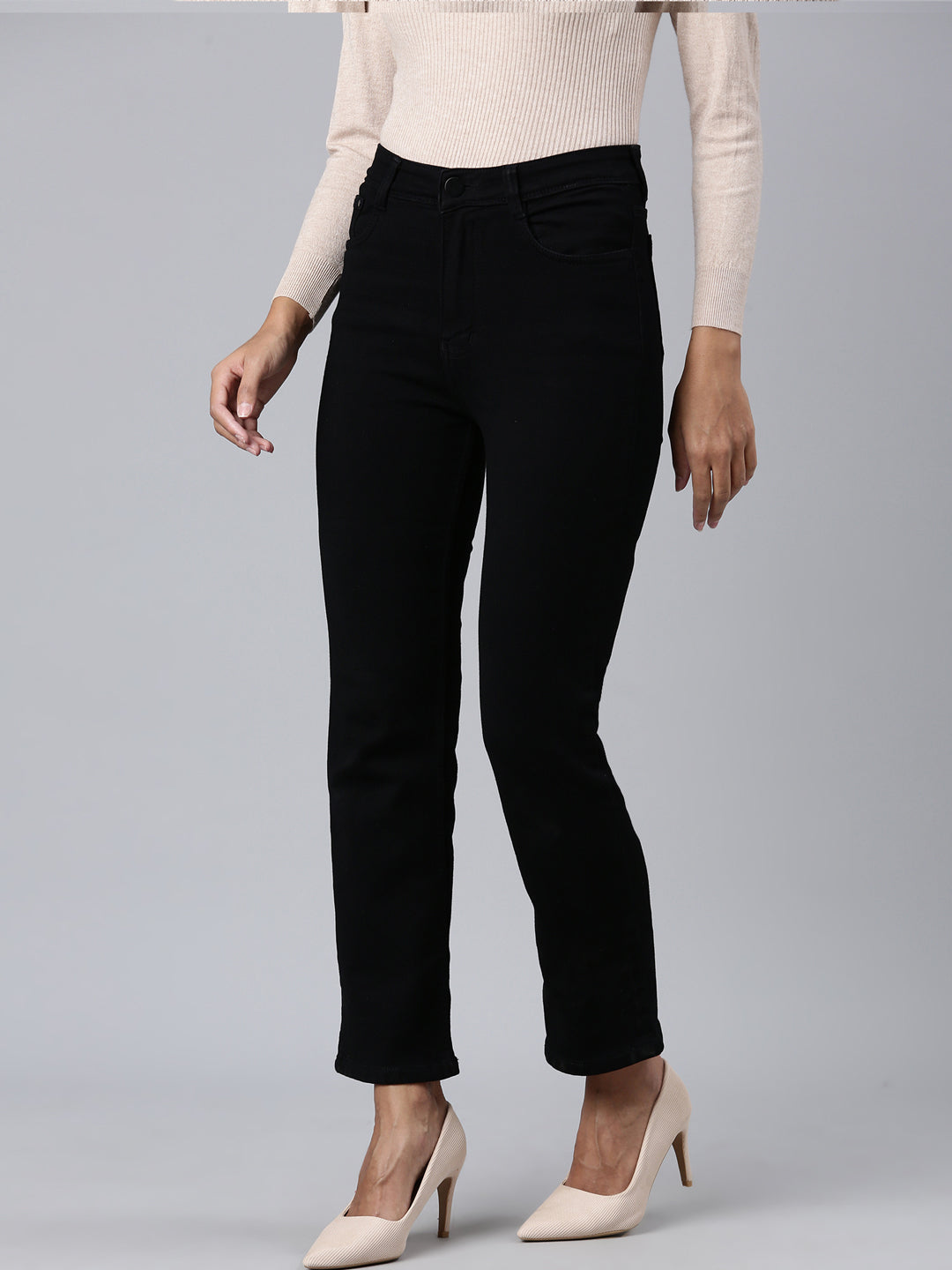 Women's Black Straight Fit Acid Wash Stretchable Denim Jeans