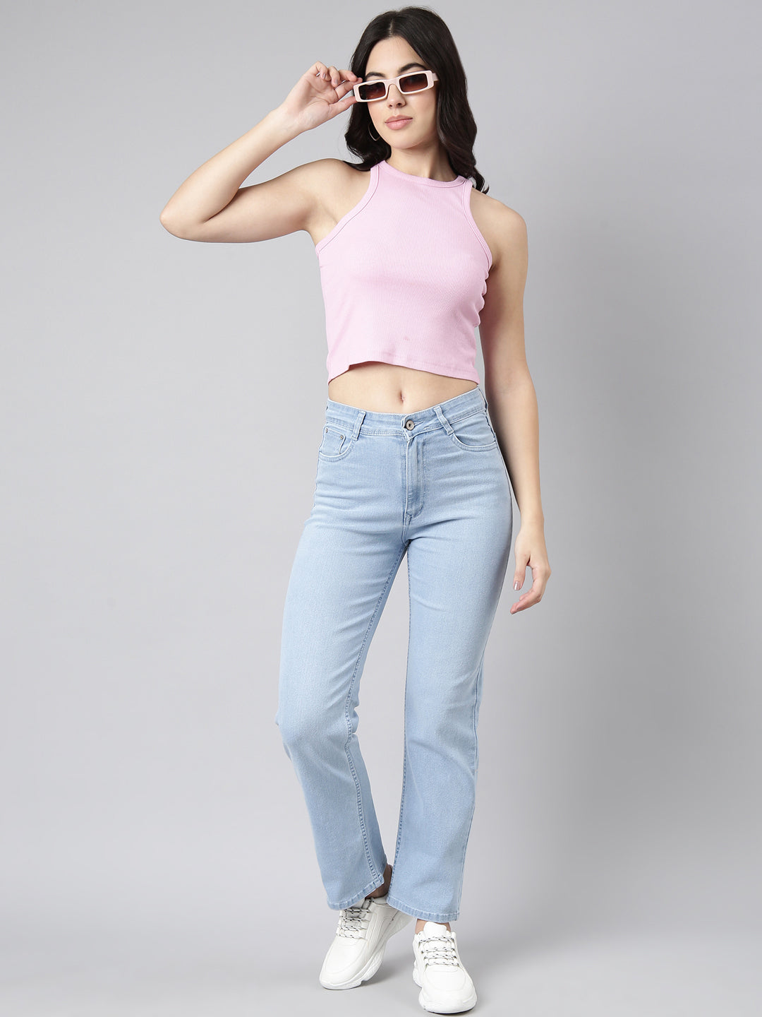 Women's Blue Straight Fit Mid-Rise Light Fade Stretchable Jeans