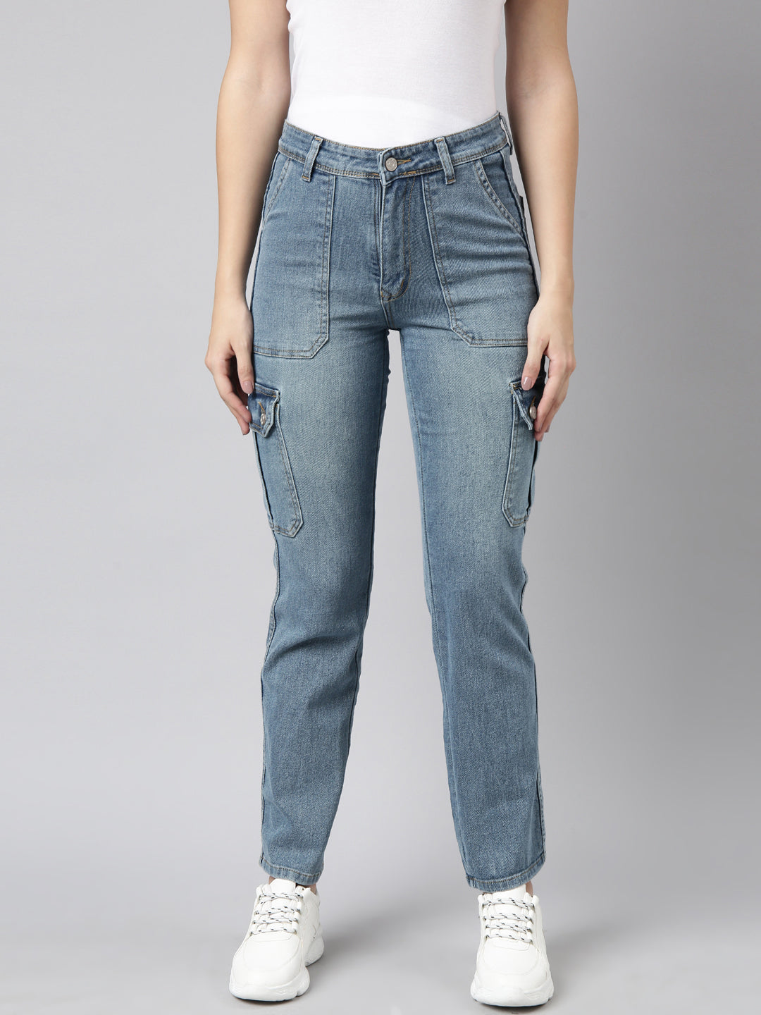 Women's Blue Straight Fit Light Fade Stretchable Denim Cargo Jeans
