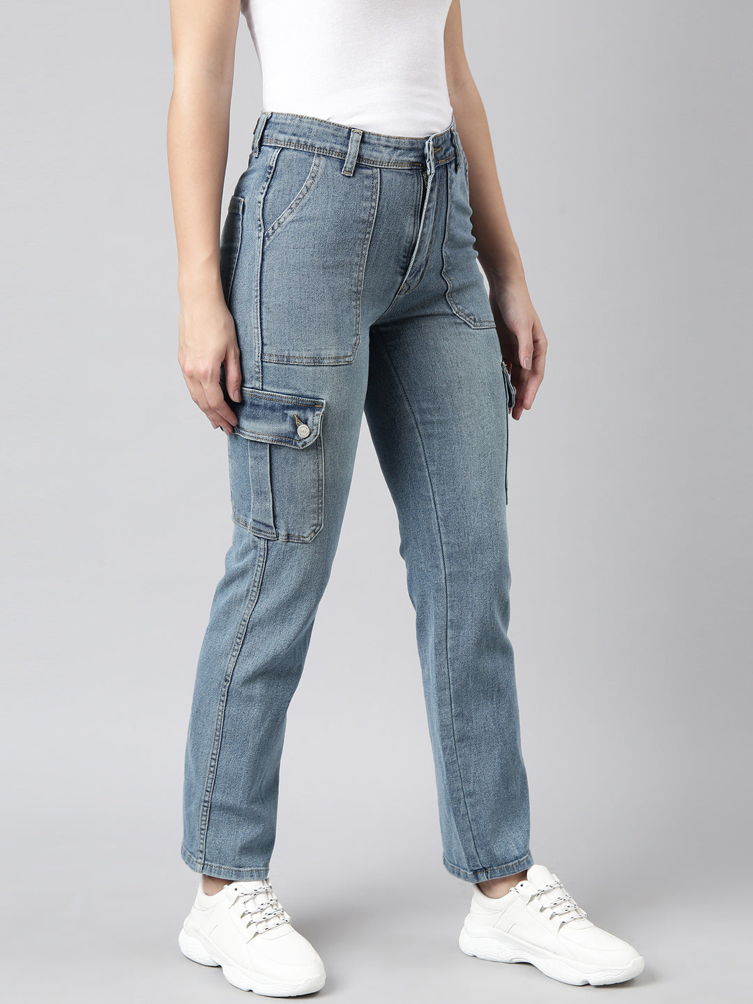 Women's Blue Straight Fit Light Fade Stretchable Denim Cargo Jeans