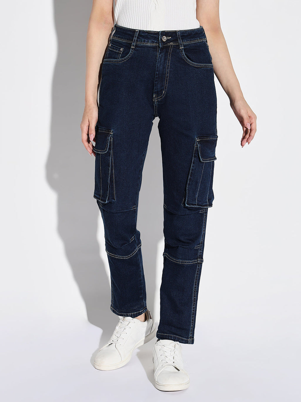Women's Navy Blue Comfort Straight Fit Light Fade Stretchable Jeans