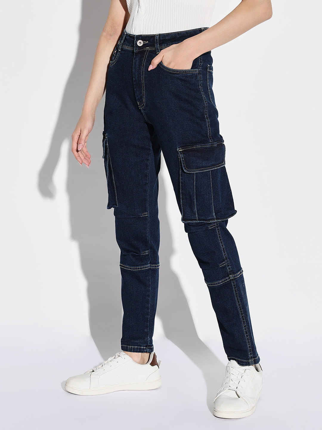 Women's Navy Blue Comfort Straight Fit Light Fade Stretchable Jeans