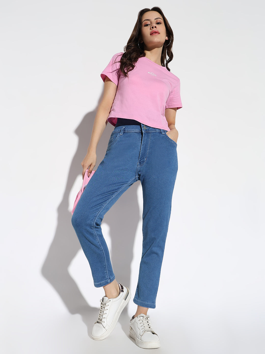 Women's Blue Comfort Straight Fit Acid Wash Stretchable Jeans