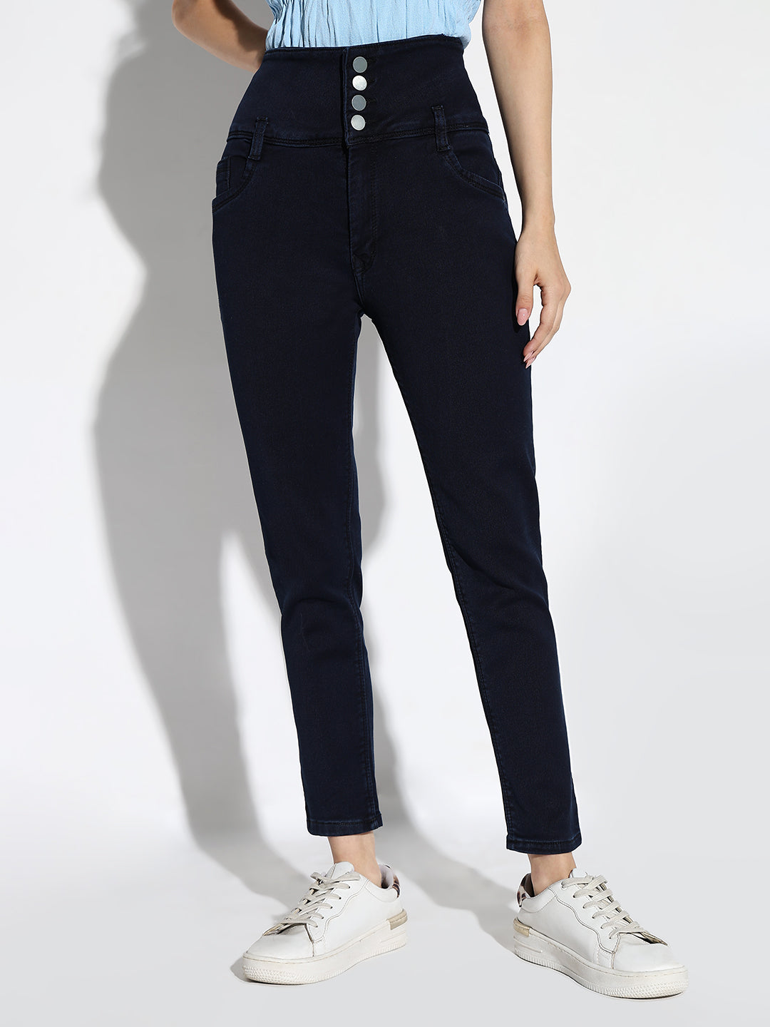 Women's Navy Blue Comfort Straight Fit Acid Wash Stretchable Jeans