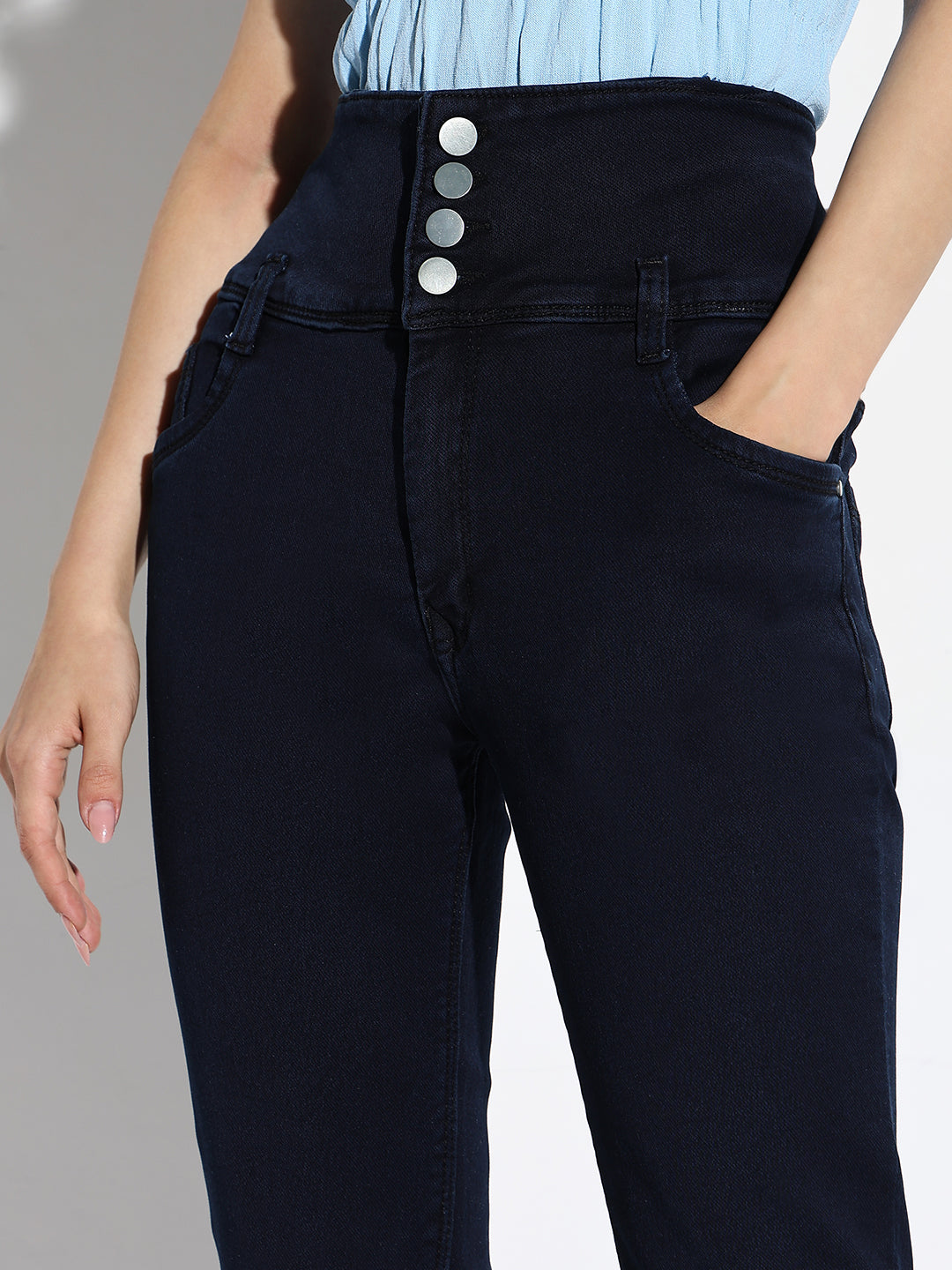 Women's Navy Blue Comfort Straight Fit Acid Wash Stretchable Jeans