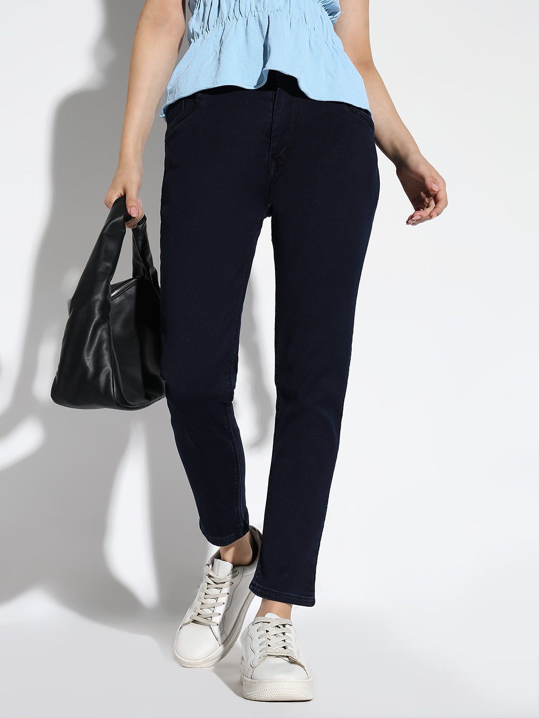 Women's Navy Blue Comfort Straight Fit Acid Wash Stretchable Jeans