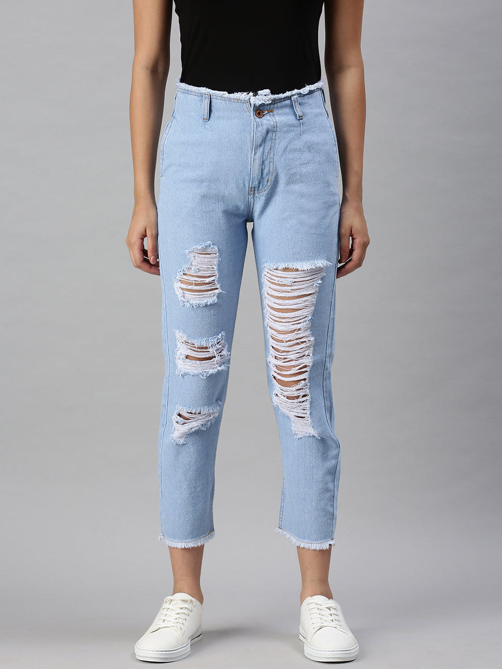 Women's Blue Mom Fit High-Rise Highly Distressed Light Fade Mom Fit Jeans
